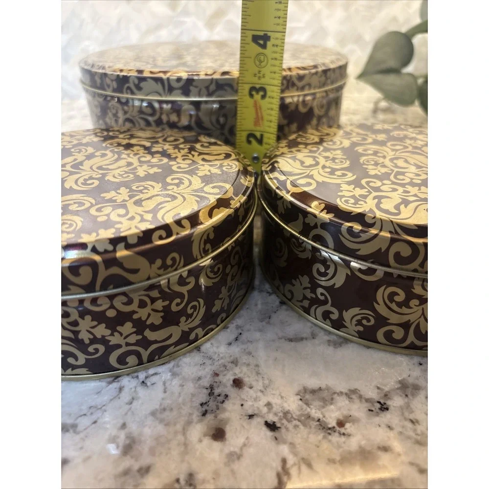5 Vintage Round Gold Brown Metal Trinket Box Gift Tin Storage Leaf Pattern